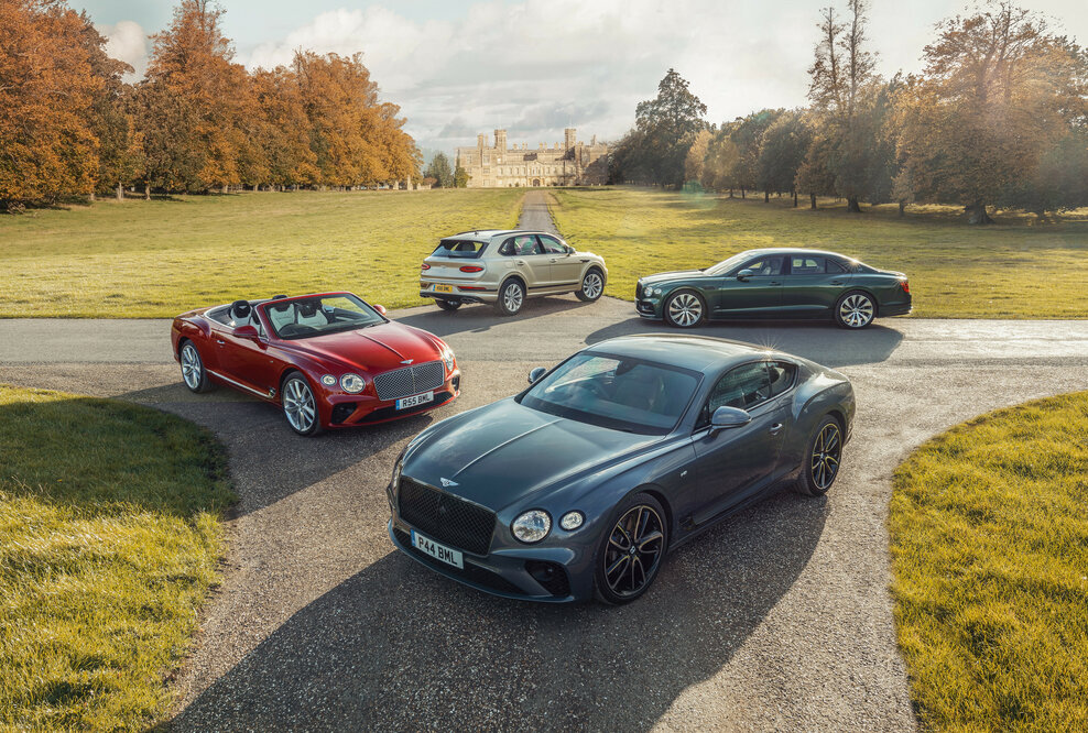 Bentley Motors Ltd. Von links nach rechts: Bentley Continental GT Convertible, Bentley Continental GT, Bentley Bentayga, Bentley Flying Spur