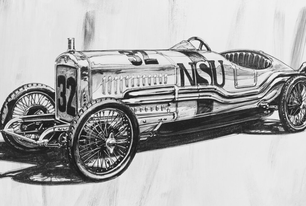 Eine historische Zeichnung des NSU Typ 6/60 PS Rennwagen.