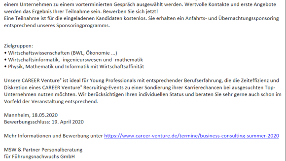 CAREER Venture business & consulting summer 2020 - Jetzt bewerben und zahlreiche Top-Unternehmen am 18. Mai 2020 in Mannheim kennenlernen